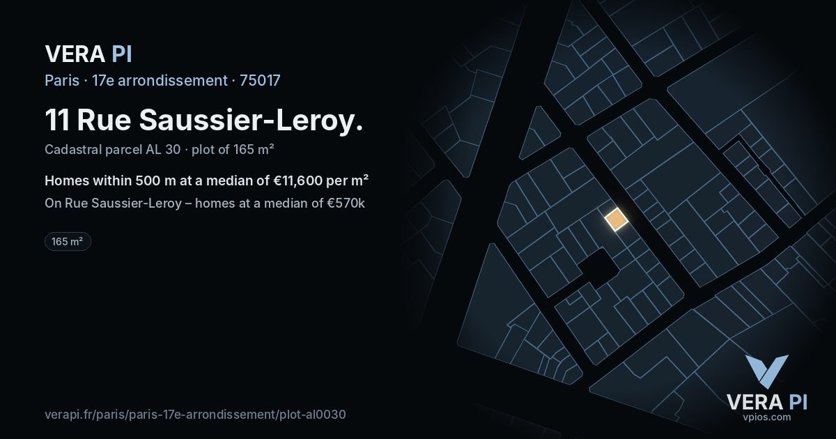 11 Rue Saussier-Leroy, 17e arrondissement at night – the plot lit, the parcels around coloured by the prices near them