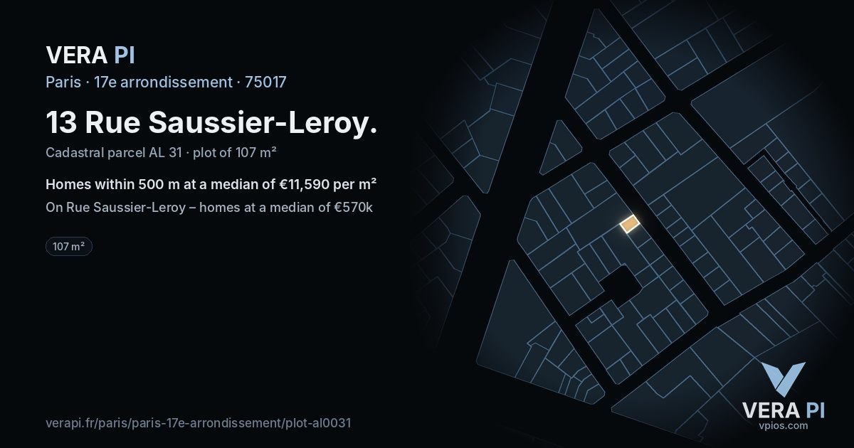 13 Rue Saussier-Leroy, 17e arrondissement at night – the plot lit, the parcels around coloured by the prices near them