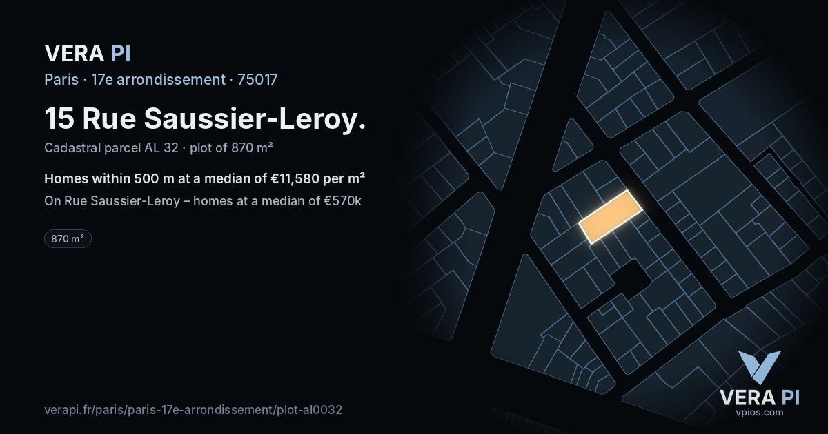 15 Rue Saussier-Leroy, 17e arrondissement at night – the plot lit, the parcels around coloured by the prices near them