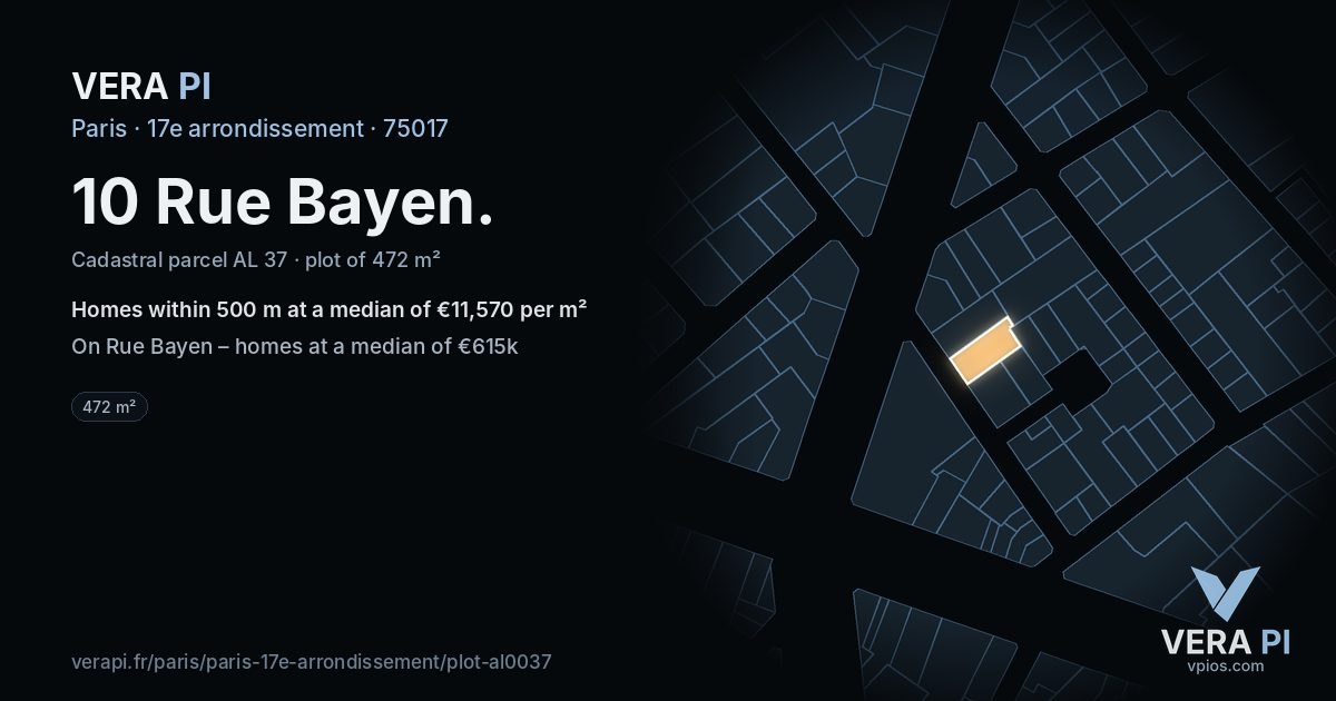 10 Rue Bayen, 17e arrondissement at night – the plot lit, the parcels around coloured by the prices near them