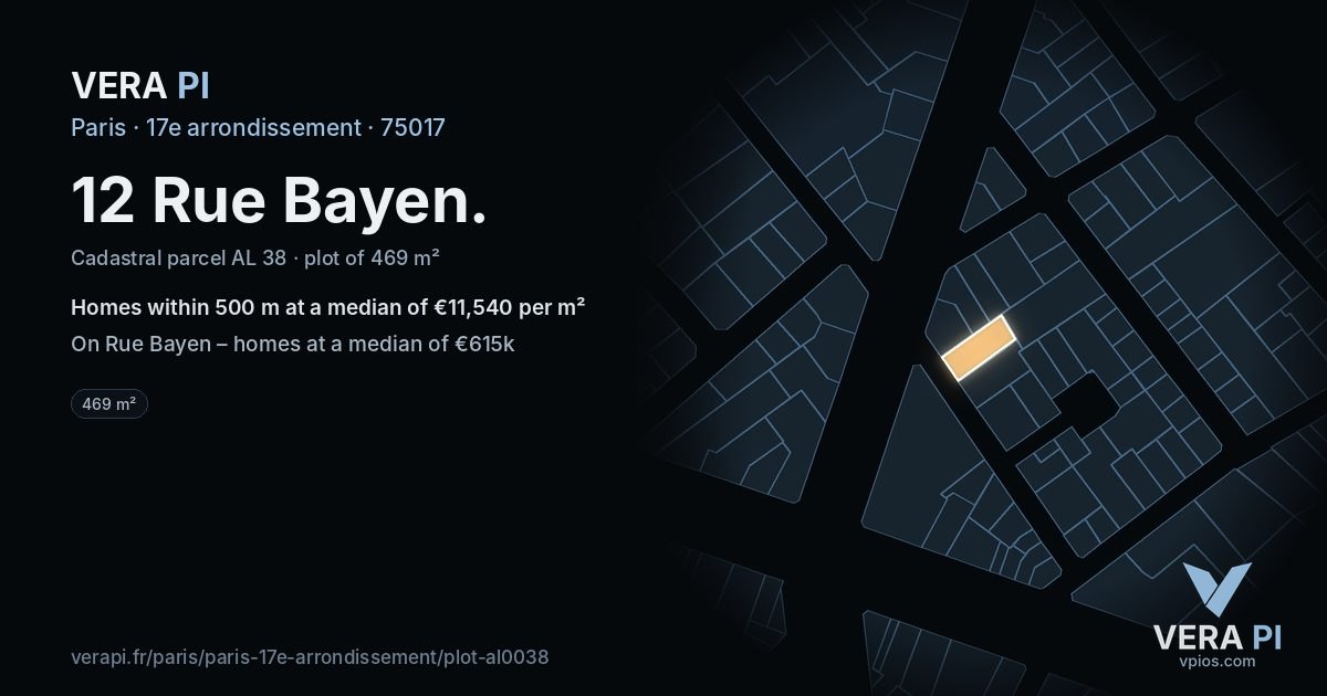 12 Rue Bayen, 17e arrondissement at night – the plot lit, the parcels around coloured by the prices near them