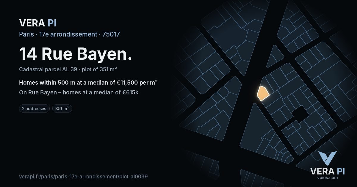 14 Rue Bayen, 17e arrondissement at night – the plot lit, the parcels around coloured by the prices near them