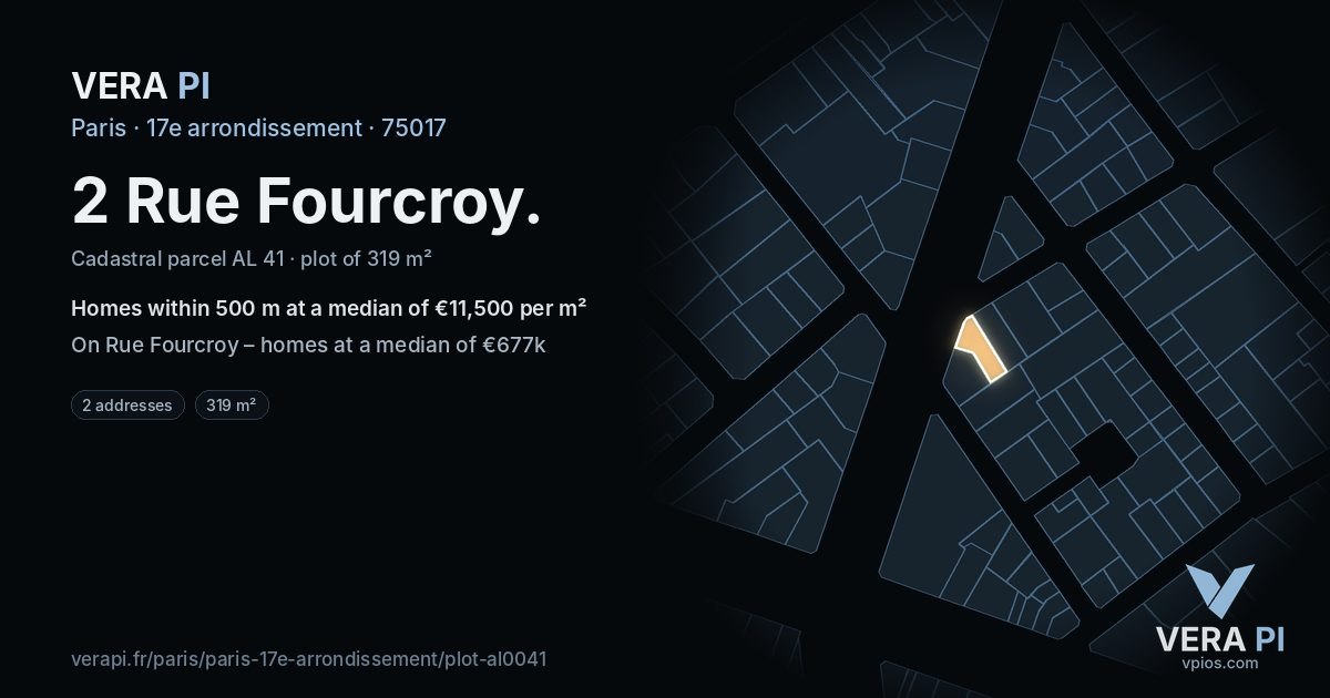 2 Rue Fourcroy, 17e arrondissement at night – the plot lit, the parcels around coloured by the prices near them