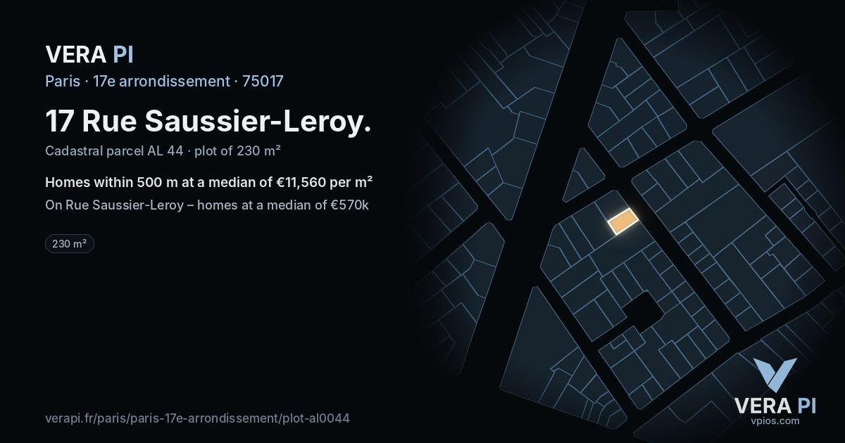 17 Rue Saussier-Leroy, 17e arrondissement at night – the plot lit, the parcels around coloured by the prices near them