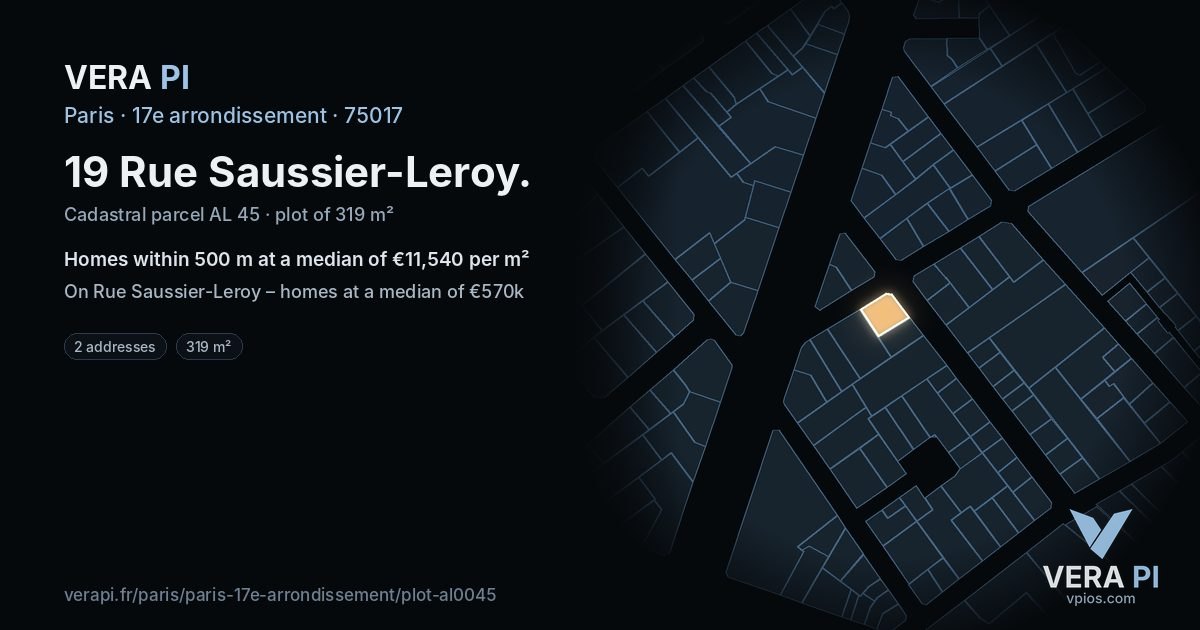 19 Rue Saussier-Leroy, 17e arrondissement at night – the plot lit, the parcels around coloured by the prices near them