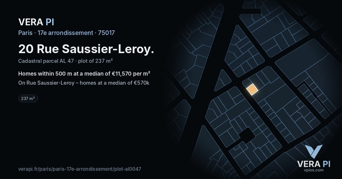 20 Rue Saussier-Leroy, 17e arrondissement at night – the plot lit, the parcels around coloured by the prices near them