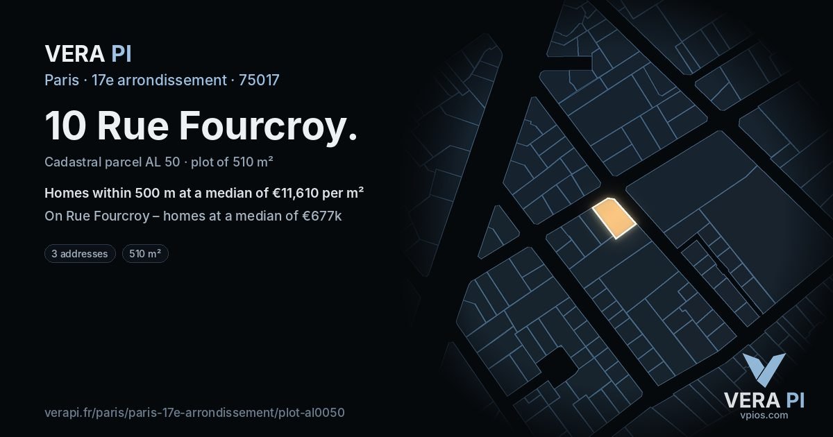 10 Rue Fourcroy, 17e arrondissement at night – the plot lit, the parcels around coloured by the prices near them