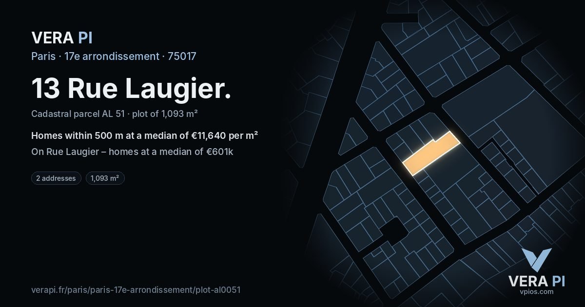 13 Rue Laugier, 17e arrondissement at night – the plot lit, the parcels around coloured by the prices near them