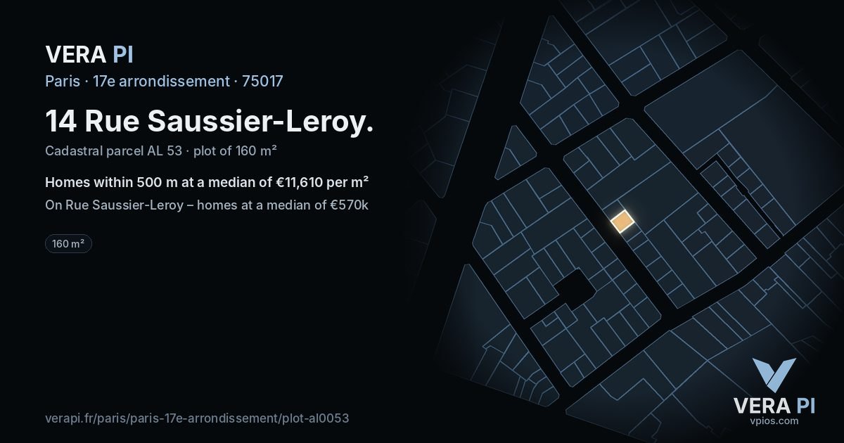 14 Rue Saussier-Leroy, 17e arrondissement at night – the plot lit, the parcels around coloured by the prices near them