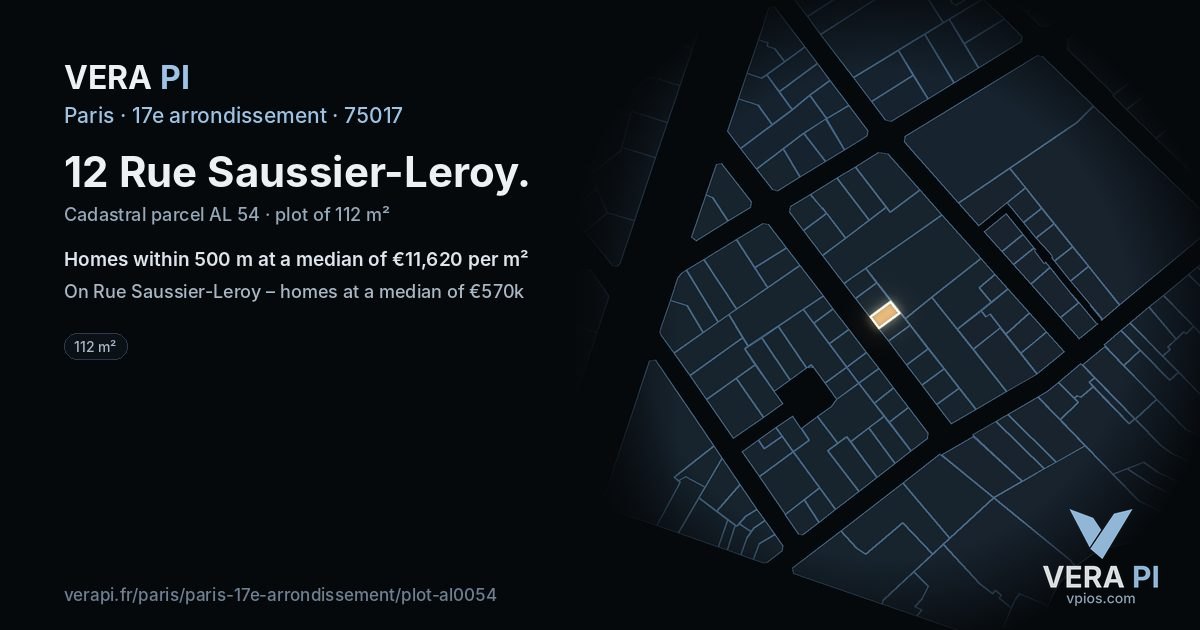 12 Rue Saussier-Leroy, 17e arrondissement at night – the plot lit, the parcels around coloured by the prices near them