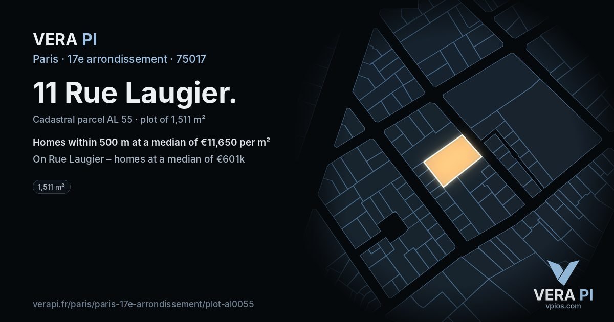 11 Rue Laugier, 17e arrondissement at night – the plot lit, the parcels around coloured by the prices near them