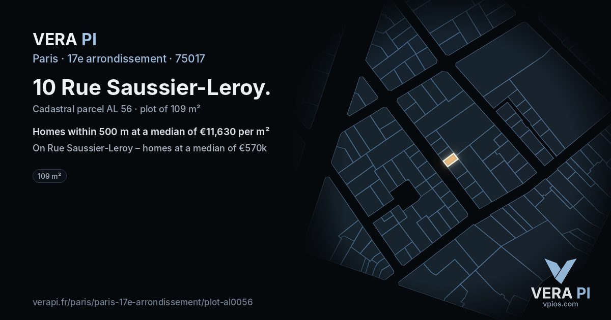 10 Rue Saussier-Leroy, 17e arrondissement at night – the plot lit, the parcels around coloured by the prices near them