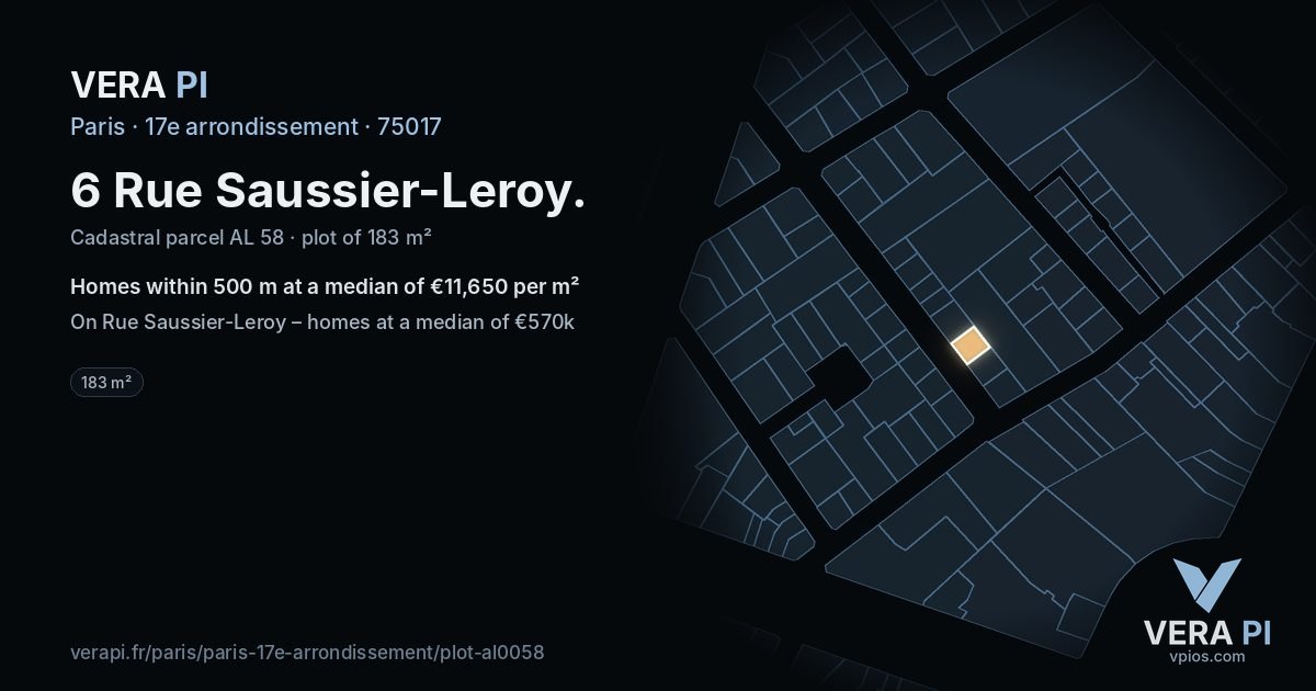 6 Rue Saussier-Leroy, 17e arrondissement at night – the plot lit, the parcels around coloured by the prices near them