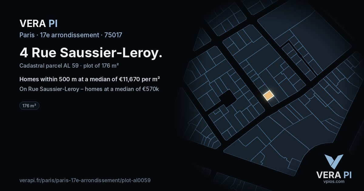 4 Rue Saussier-Leroy, 17e arrondissement at night – the plot lit, the parcels around coloured by the prices near them