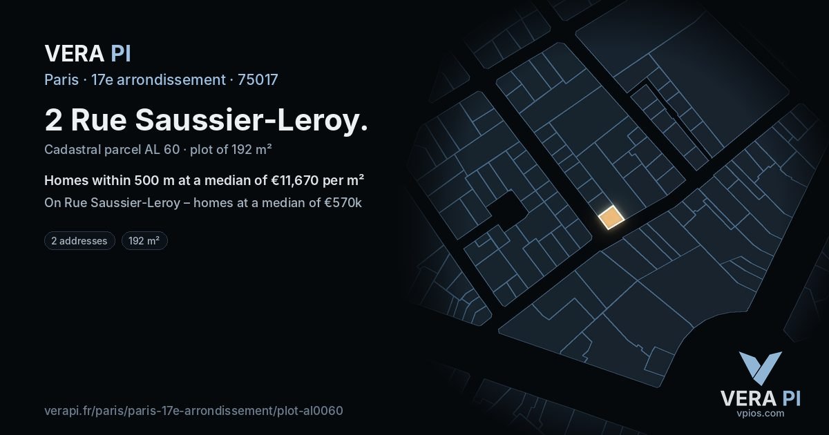 2 Rue Saussier-Leroy, 17e arrondissement at night – the plot lit, the parcels around coloured by the prices near them