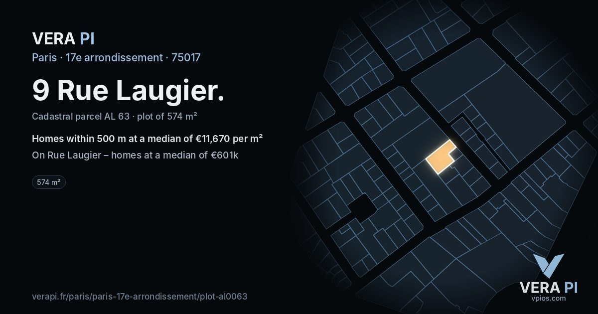 9 Rue Laugier, 17e arrondissement at night – the plot lit, the parcels around coloured by the prices near them