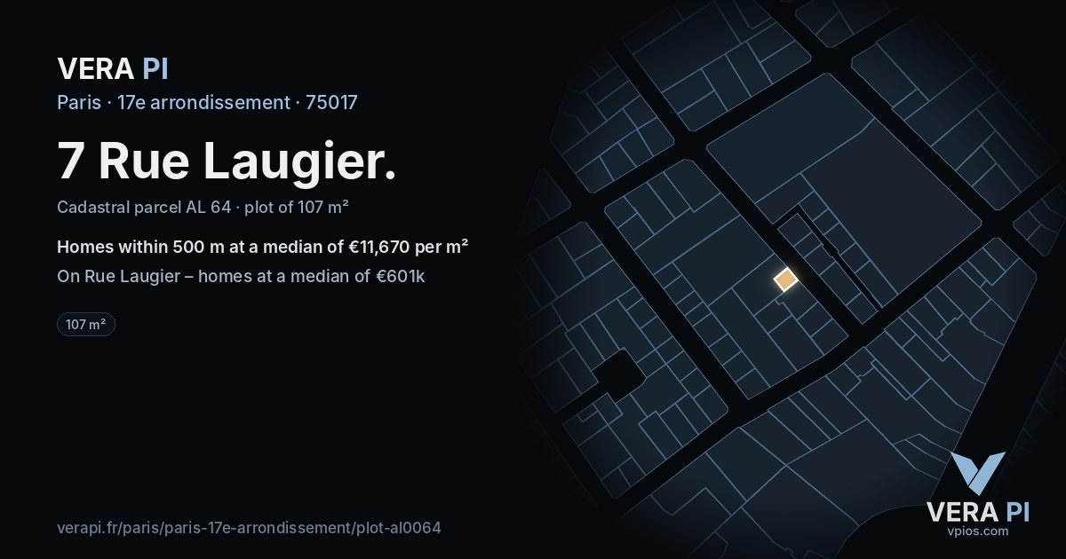 7 Rue Laugier, 17e arrondissement at night – the plot lit, the parcels around coloured by the prices near them