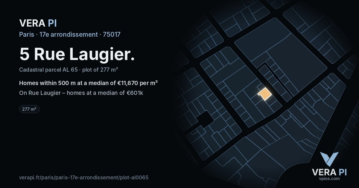 5 Rue Laugier, 17e arrondissement at night – the plot lit, the parcels around coloured by the prices near them
