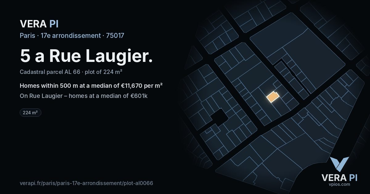 5 a Rue Laugier, 17e arrondissement at night – the plot lit, the parcels around coloured by the prices near them