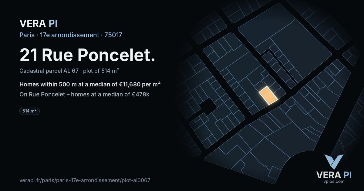 21 Rue Poncelet, 17e arrondissement at night – the plot lit, the parcels around coloured by the prices near them