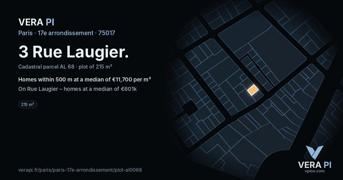 3 Rue Laugier, 17e arrondissement at night – the plot lit, the parcels around coloured by the prices near them