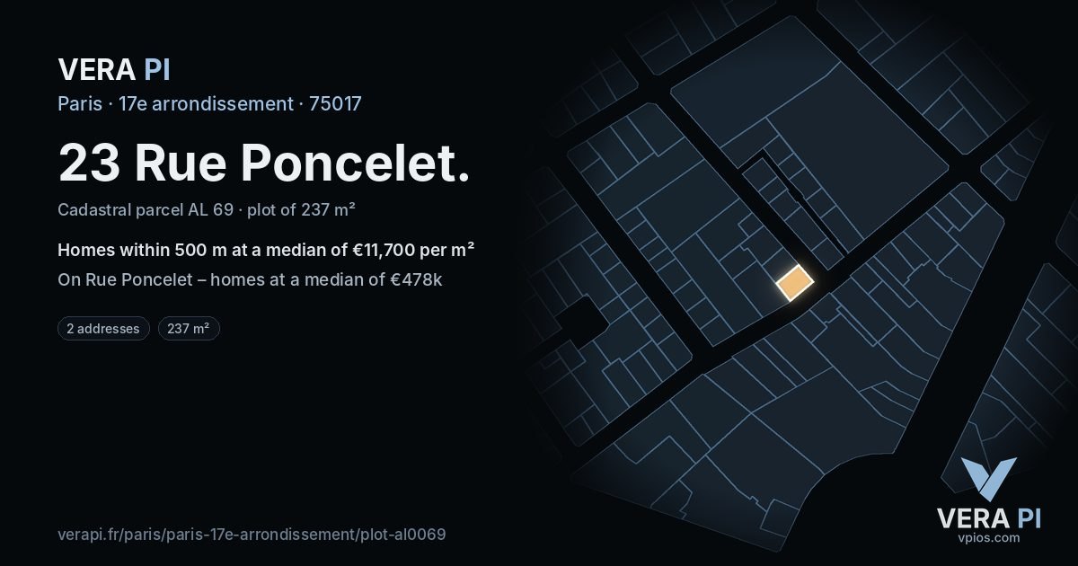 23 Rue Poncelet, 17e arrondissement at night – the plot lit, the parcels around coloured by the prices near them