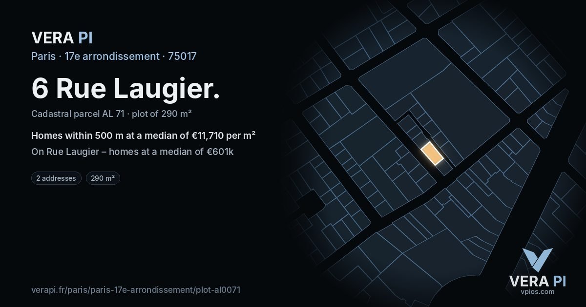 6 Rue Laugier, 17e arrondissement at night – the plot lit, the parcels around coloured by the prices near them
