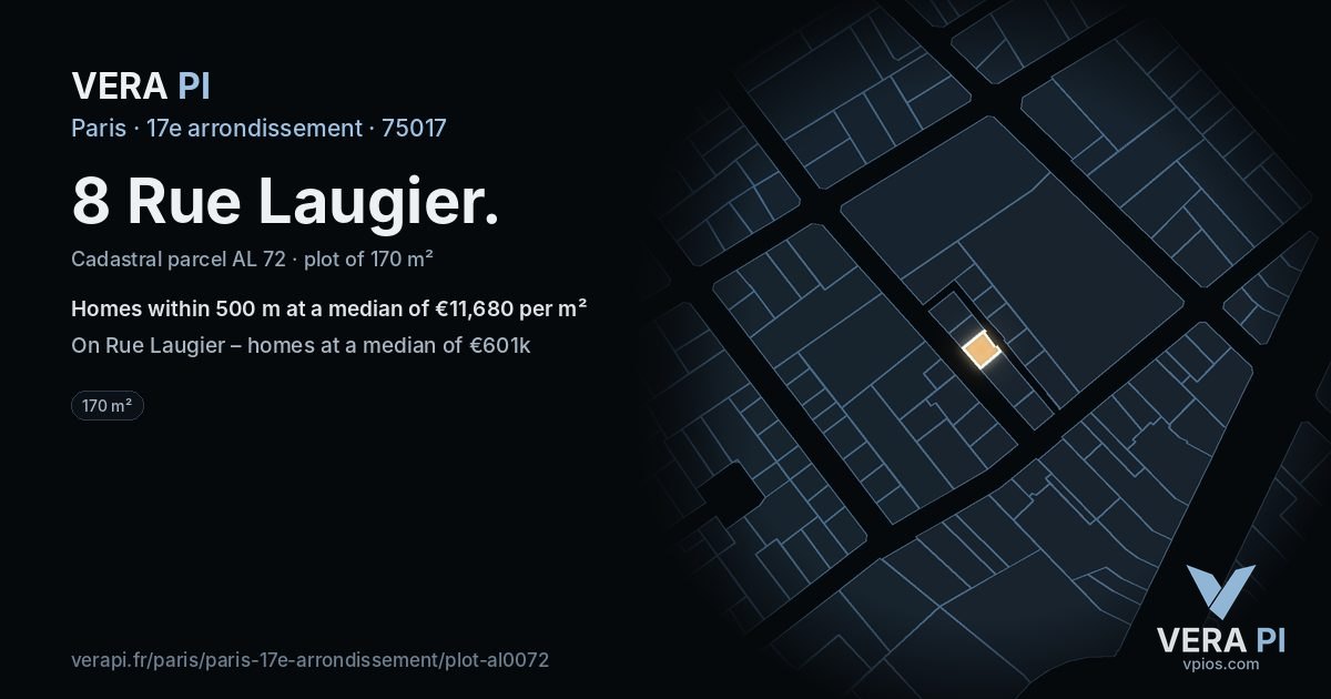 8 Rue Laugier, 17e arrondissement at night – the plot lit, the parcels around coloured by the prices near them
