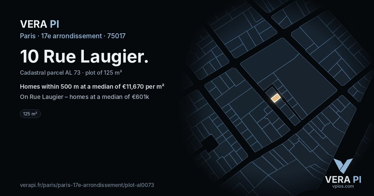 10 Rue Laugier, 17e arrondissement at night – the plot lit, the parcels around coloured by the prices near them
