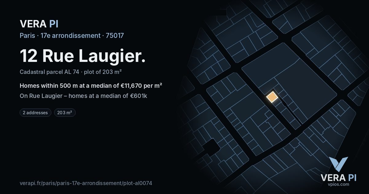 12 Rue Laugier, 17e arrondissement at night – the plot lit, the parcels around coloured by the prices near them