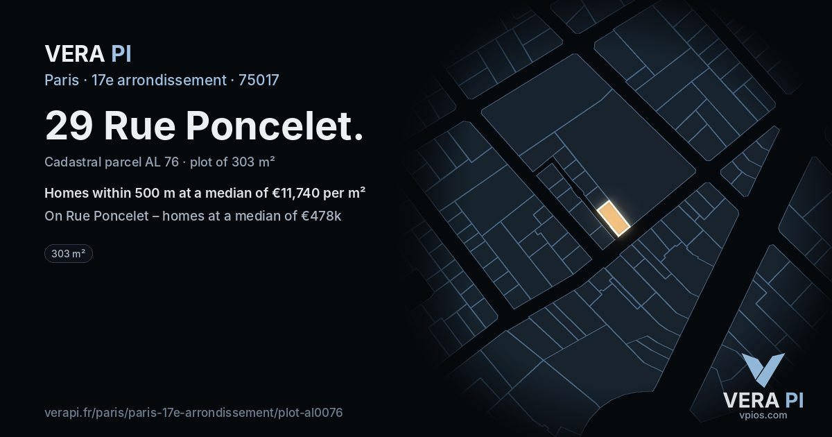 29 Rue Poncelet, 17e arrondissement at night – the plot lit, the parcels around coloured by the prices near them