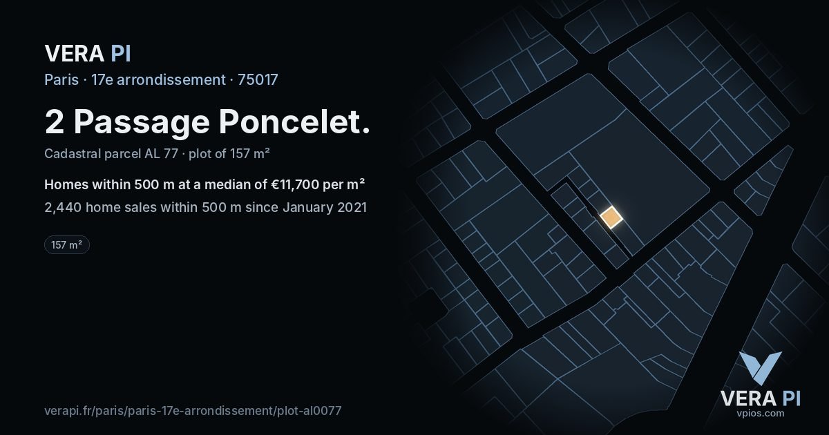 2 Passage Poncelet, 17e arrondissement at night – the plot lit, the parcels around coloured by the prices near them