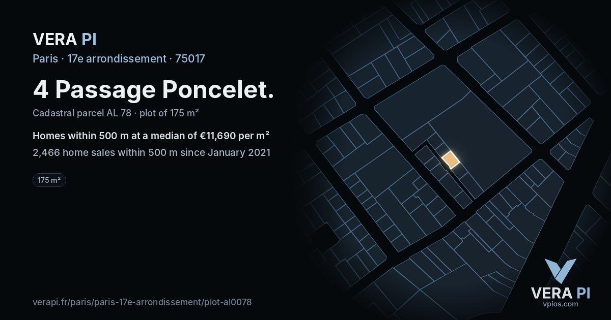 4 Passage Poncelet, 17e arrondissement at night – the plot lit, the parcels around coloured by the prices near them