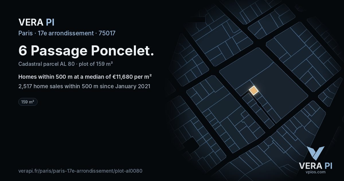 6 Passage Poncelet, 17e arrondissement at night – the plot lit, the parcels around coloured by the prices near them