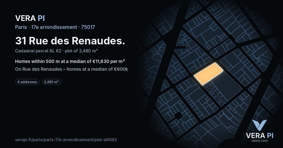 31 Rue des Renaudes, 17e arrondissement at night – the plot lit, the parcels around coloured by the prices near them