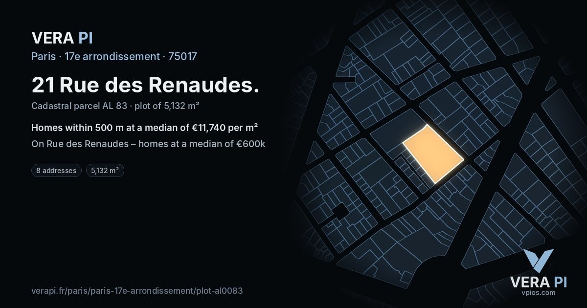 21 Rue des Renaudes, 17e arrondissement at night – the plot lit, the parcels around coloured by the prices near them