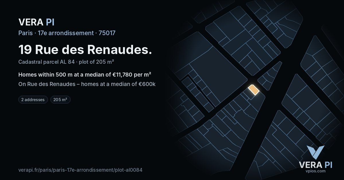 19 Rue des Renaudes, 17e arrondissement at night – the plot lit, the parcels around coloured by the prices near them