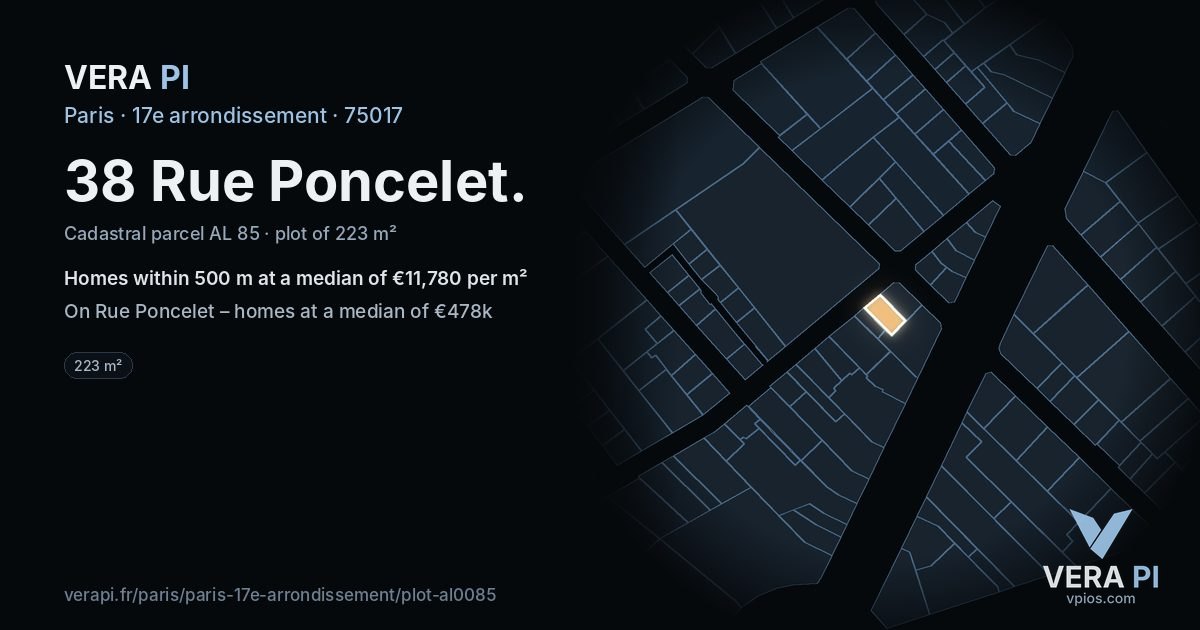 38 Rue Poncelet, 17e arrondissement at night – the plot lit, the parcels around coloured by the prices near them