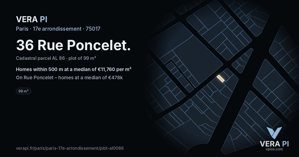 36 Rue Poncelet, 17e arrondissement at night – the plot lit, the parcels around coloured by the prices near them