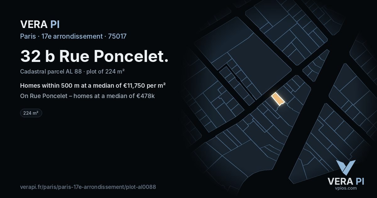 32 b Rue Poncelet, 17e arrondissement at night – the plot lit, the parcels around coloured by the prices near them