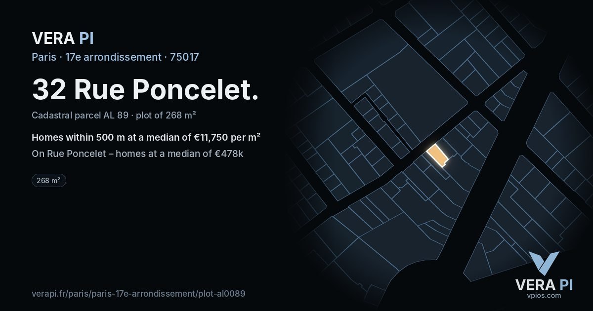 32 Rue Poncelet, 17e arrondissement at night – the plot lit, the parcels around coloured by the prices near them