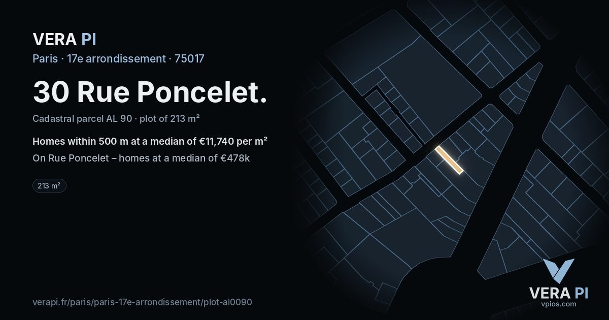 30 Rue Poncelet, 17e arrondissement at night – the plot lit, the parcels around coloured by the prices near them