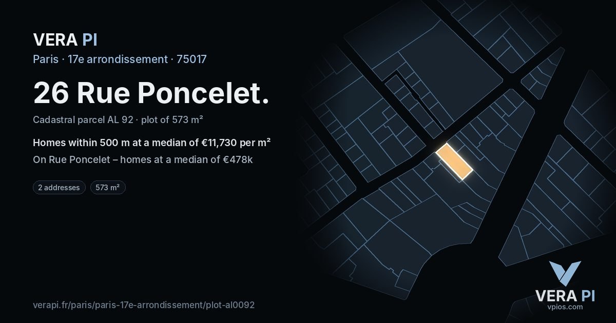26 Rue Poncelet, 17e arrondissement at night – the plot lit, the parcels around coloured by the prices near them
