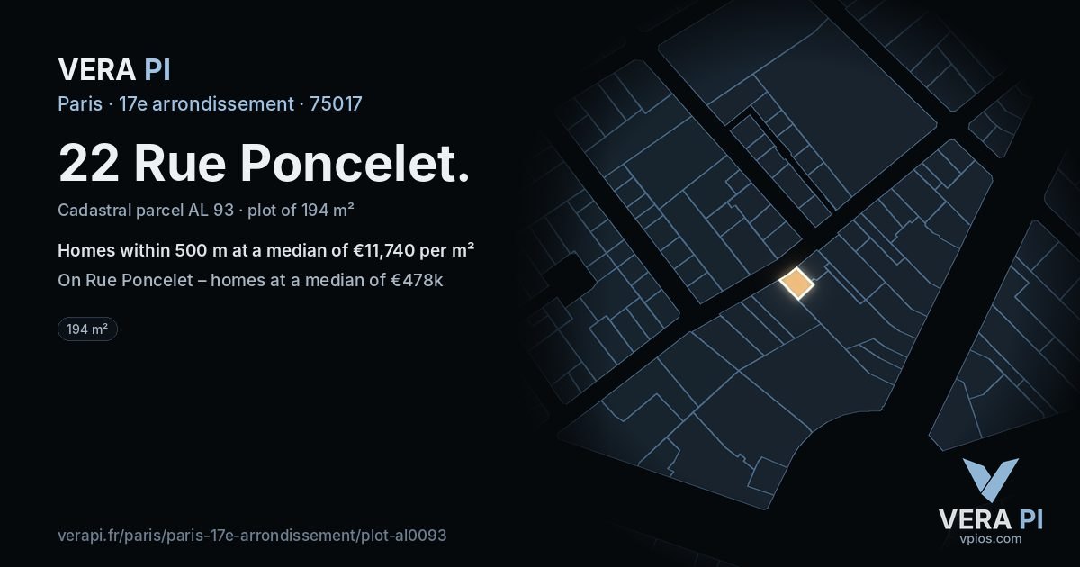 22 Rue Poncelet, 17e arrondissement at night – the plot lit, the parcels around coloured by the prices near them