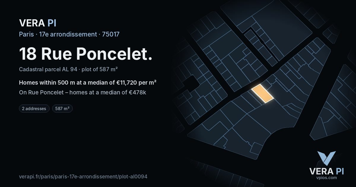 18 Rue Poncelet, 17e arrondissement at night – the plot lit, the parcels around coloured by the prices near them