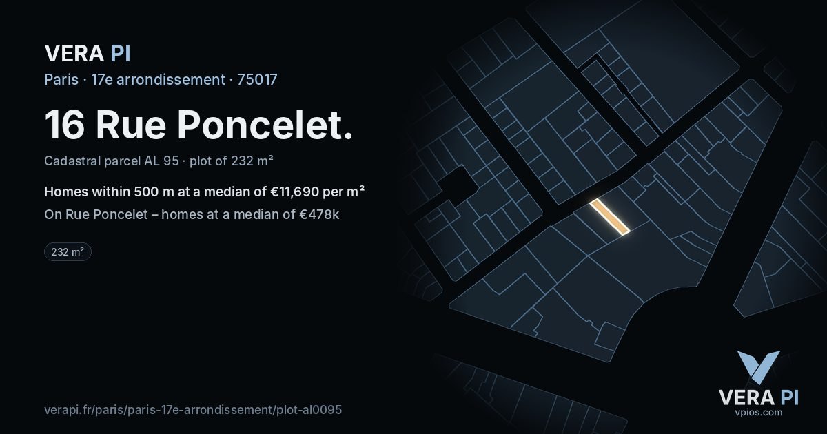 16 Rue Poncelet, 17e arrondissement at night – the plot lit, the parcels around coloured by the prices near them