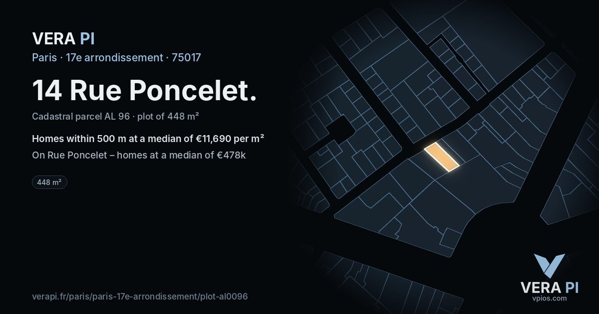 14 Rue Poncelet, 17e arrondissement at night – the plot lit, the parcels around coloured by the prices near them