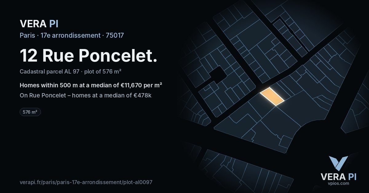 12 Rue Poncelet, 17e arrondissement at night – the plot lit, the parcels around coloured by the prices near them