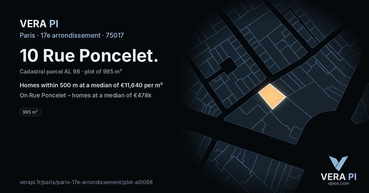 10 Rue Poncelet, 17e arrondissement at night – the plot lit, the parcels around coloured by the prices near them