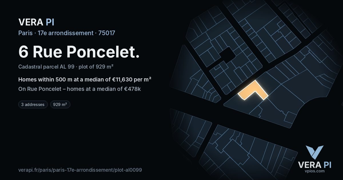 6 Rue Poncelet, 17e arrondissement at night – the plot lit, the parcels around coloured by the prices near them